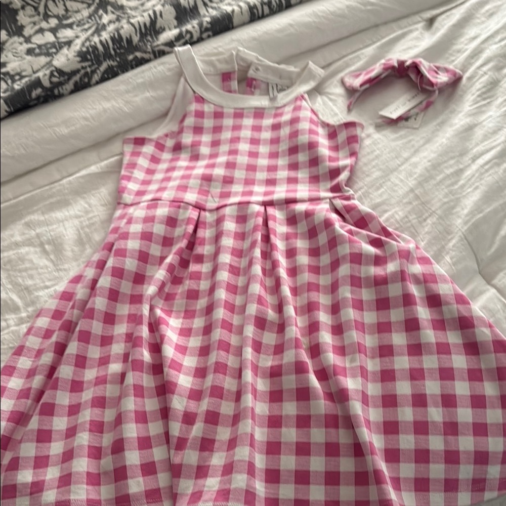 Janie and jack pink  and White Gingham Dress with Headband